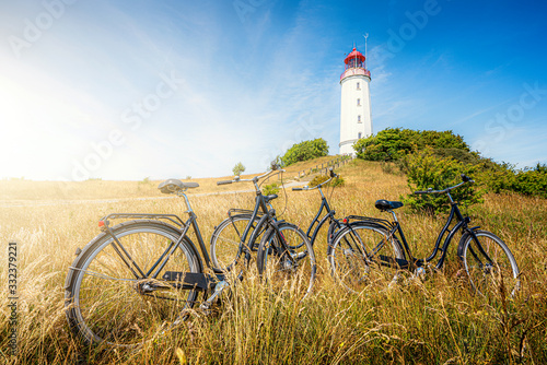 Bicycle trip to famous Lighthouse Dornbusch on beautiful island Hiddensee