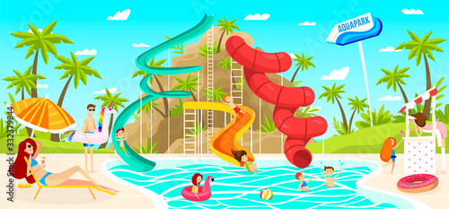Children having fun in outdoor aquapark, pool slide vector illustration. Happy kids in water park, summer leisure for family. Children swimming in pool, boys and girls in aqua park, people sunbathing