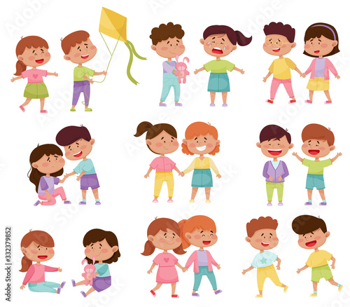 Friendly Little Kids Holding Hands and Cheering Up Each Other Vector Illustrations Set