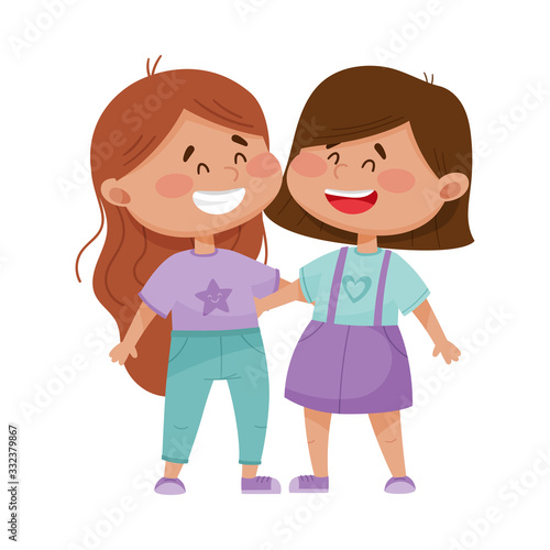 Friendly Little Girls Embracing Each Other Vector Illustration