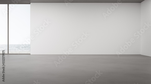 Blank wall on empty concrete floor of large living room in modern house or luxury hotel. Minimal home interior 3d rendering with beach and sea view.