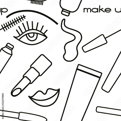 Vector seamless linear pattern with cosmetic products: mascara,brow pensil,tone cream, lipstic, eye with lashes and lips. Minimalism, line art. Black and white feminine design.