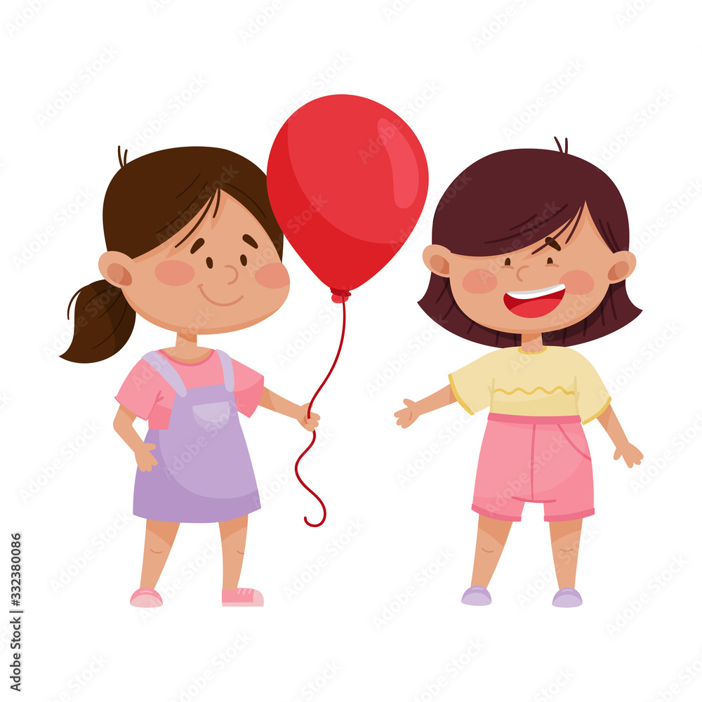Red Cheeked Little Girl Sharing Balloon with Her Friend Vector Illustration Red Cheeked Little Girl Sharing Balloon with Her Friend Vector Illustration