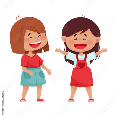 Friendly Little Girls Laughing and Playing Vector Illustration