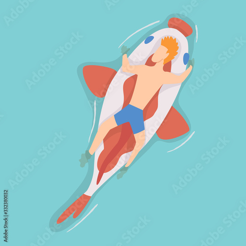 Top view persone floating on air mattress in swimming pool. Men relaxing and sunbathing on inflatable fish shape. Vector Illustration