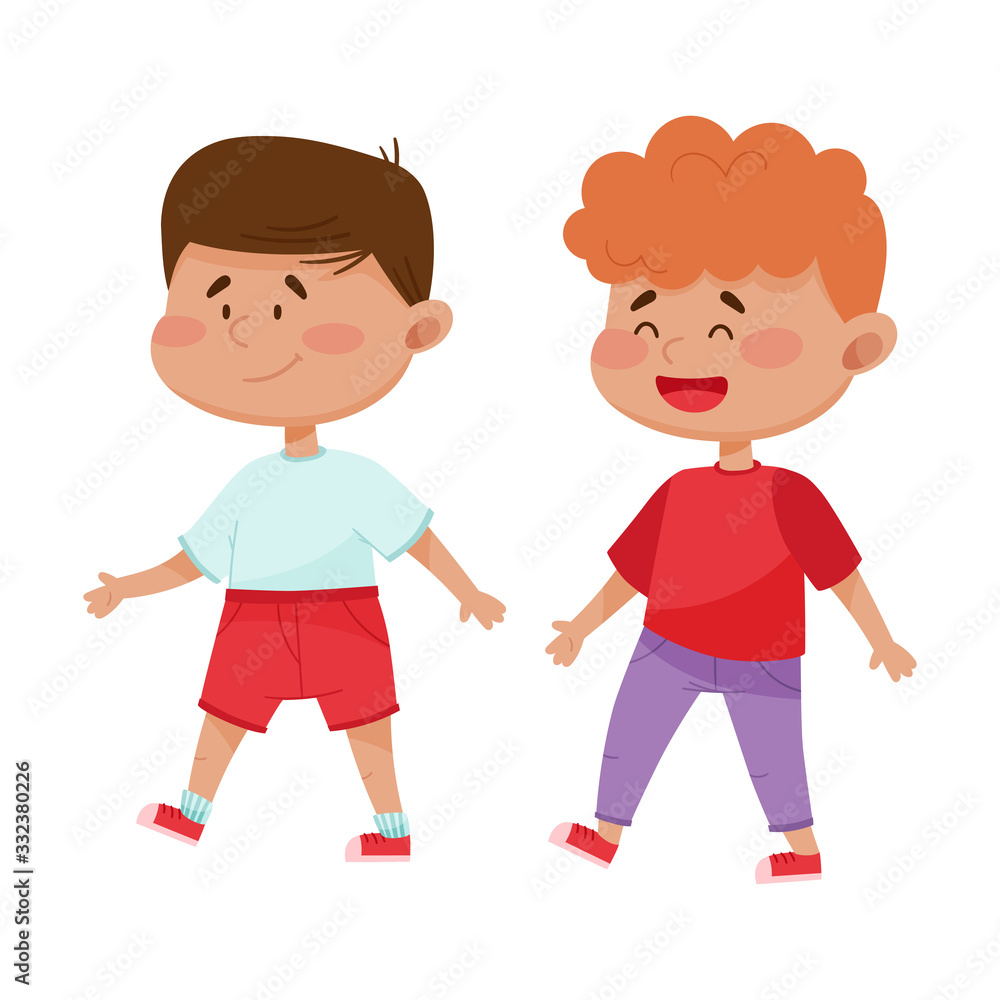 Sociable Boys Walking Together and Smiling Vector Illustration