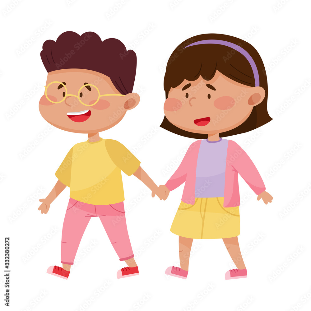Little Red Cheeked Kids Holding Hands Vector Illustration Little Red Cheeked Kids Holding Hands Vector Illustration