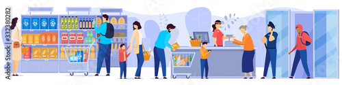 People in grocery store, line at cash desk, supermarket customers, vector illustration. Men and women buying groceries in shop. Customers cartoon characters, scene from grocery store or supermarket photo