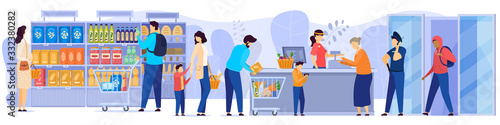 People in grocery store, line at cash desk, supermarket customers, vector illustration. Men and women buying groceries in shop. Customers cartoon characters, scene from grocery store or supermarket