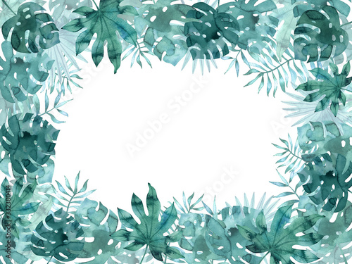 Horizontal rectangular frame template with watercolor tropical leaves. Exotic hand painted illustration.