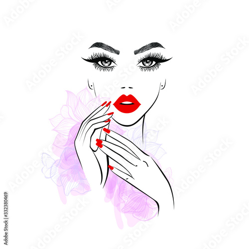 Beautiful woman with red lips, hand with red manicure nails. Beauty Logo, nails art, eyelash extension. Vector illustration, abstract flowers, spa salon, sign, symbol, nails studio.
