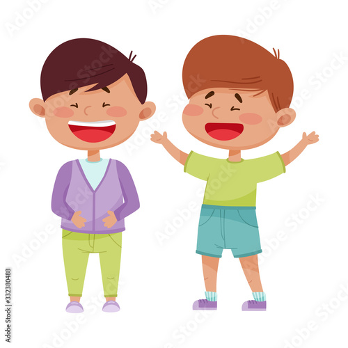 Little Boys Greeting and Cheering Each Other Vector Illustration
