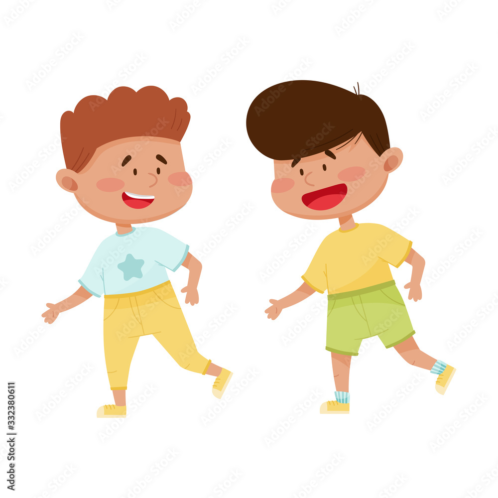Friendly Little Kids Playing and Running Together Vector Illustration