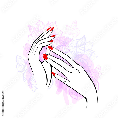 Hand with red manicure nails. Beauty Logo, nails art. Vector illustration, diadem flowers, butterflies, abstract flowers, spa salon, sign, symbol, nails studio. Watercolor background.
