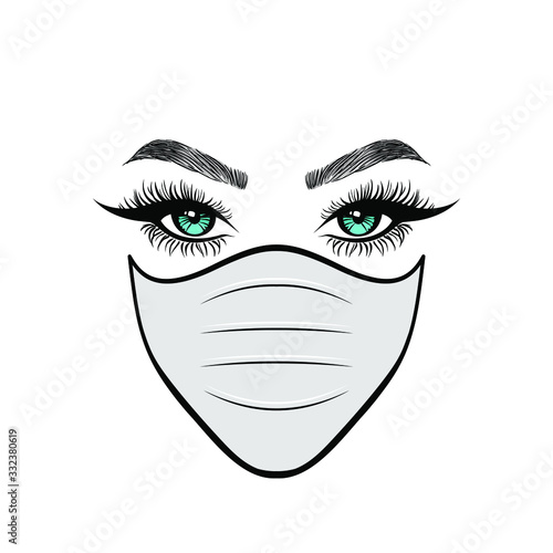 Woman in white protect medical face mask. Novel Coronavirus (2019-nCoV). Concept of coronavirus quarantine. Vector illustration. 