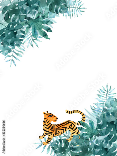 Frame template with watercolor tropical leaves on corners and a tiger. Exotic hand painted illustration isolated on white.