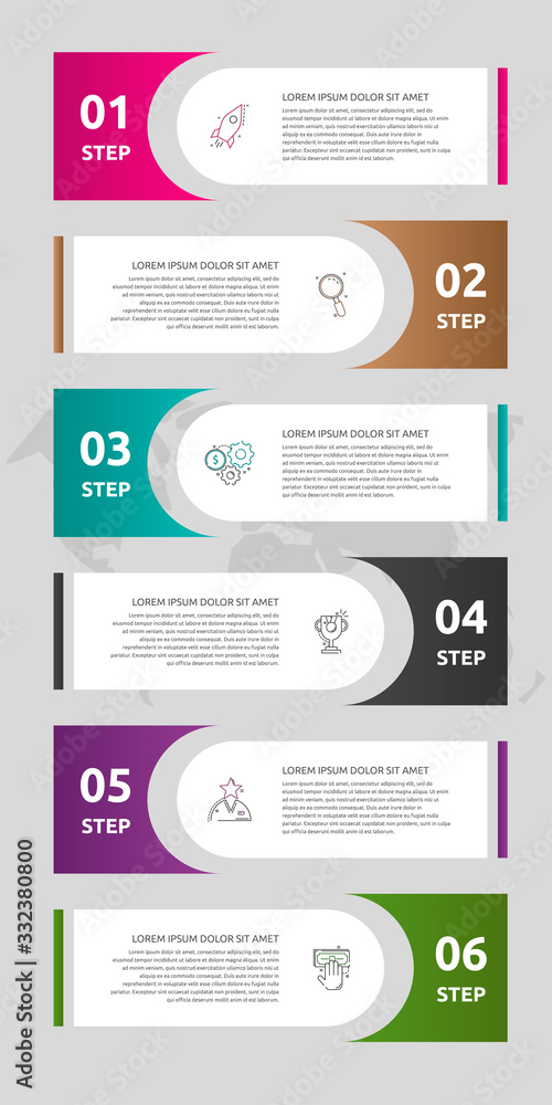 Vector template labels infographics. Business concept with 6 options and parts. Six steps for content, graph, diagrams, slideshow. Path step by step