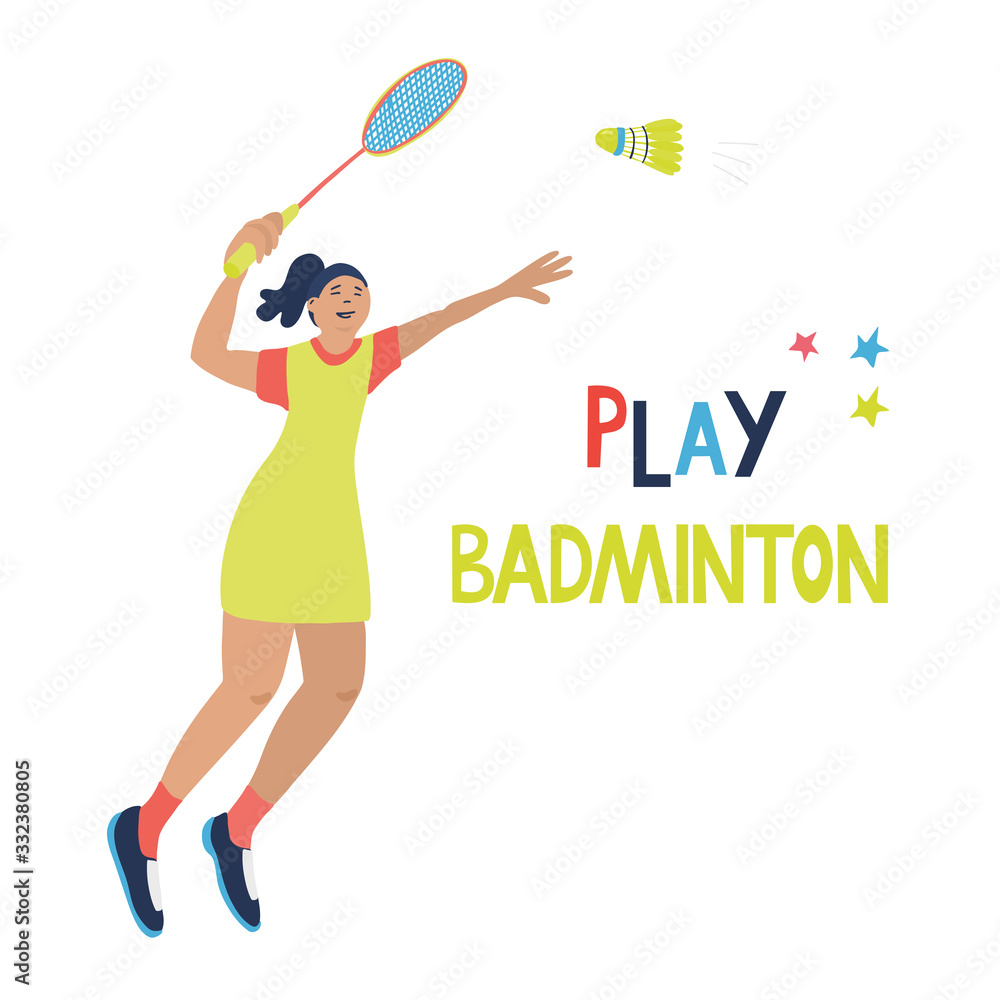 Singles badminton game. Woman swinging her racket trying to beat off a shuttlecock. Vector illustration isolated on white. Jumping player. Great for sport posters. Play badminton lettering.