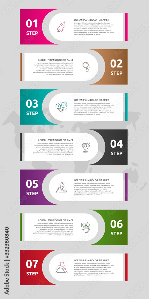 Vector template labels infographics. Business concept with 7 options and parts. Seven steps for content, flowchart, timeline, levels. Path step by step Vector template labels infographics. Business concept with 7 options and parts. Seven steps for content, flowchart, timeline, levels. Path step by step