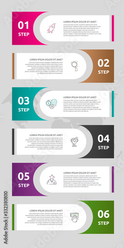Vector template labels infographics. Business concept with 6 options and parts. Six steps for content, graph, diagrams, slideshow. Path step by step