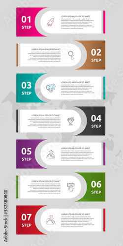 Vector template labels infographics. Business concept with 7 options and parts. Seven steps for content, flowchart, timeline, levels. Path step by step