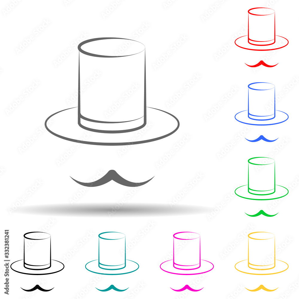 Top hat and mustache multi color set icon. Simple thin line, outline of theatre icons for ui and ux, website or mobile application Top hat and mustache multi color set icon. Simple thin line, outline of theatre icons for ui and ux, website or mobile application