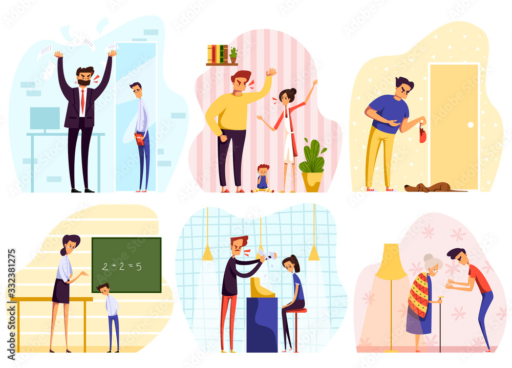 Angry people yelling, conflict at work, in family and at school, vector illustration. Men and women quarrel, problem in relationship, unhappy cartoon characters. People arguing, anger expression set Angry people yelling, conflict at work, in family and at school, vector illustration. Men and women quarrel, problem in relationship, unhappy cartoon characters. People arguing, anger expression set