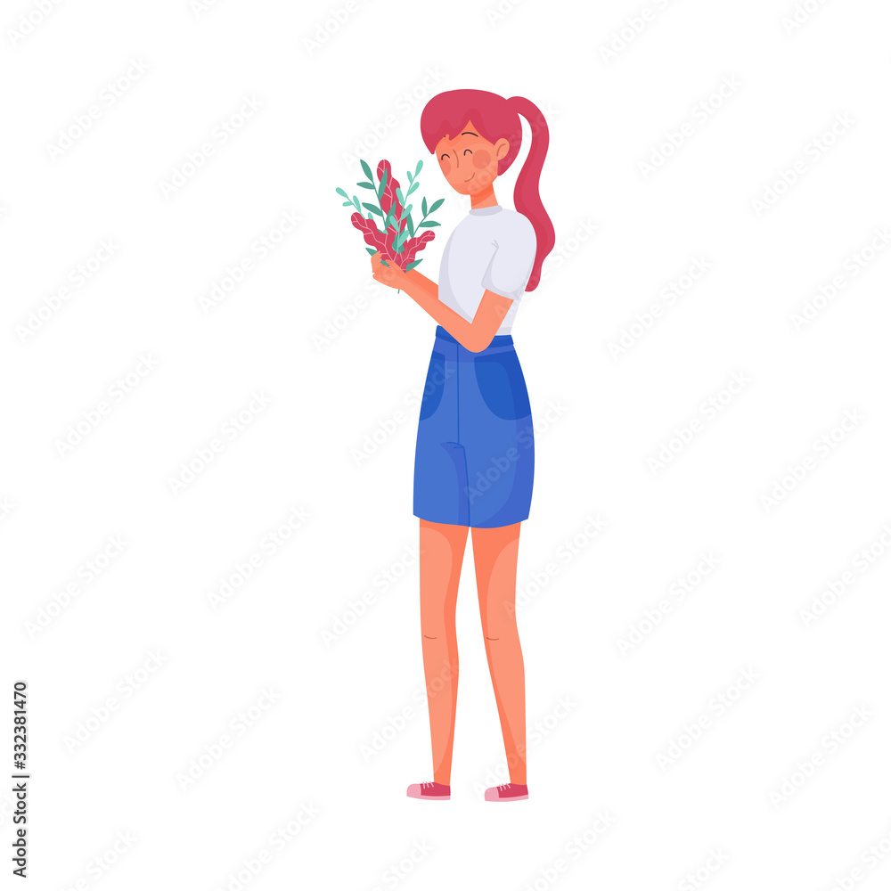 Red-haired Girl in Summer Clothing Gathering Field Flowers Vector Illustration Red-haired Girl in Summer Clothing Gathering Field Flowers Vector Illustration
