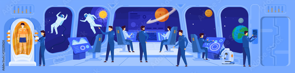 Science fiction spaceship crew on command deck, vector illustration. Team navigating spacecraft in interstellar mission, space exploration of future. People cartoon characters science fiction movie
