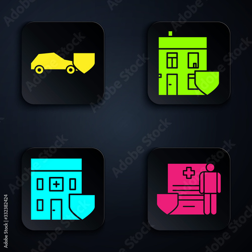 Set Medical clipboard with clinical record, Car with shield, Medical hospital building with shield and House with shield. Black square button. Vector