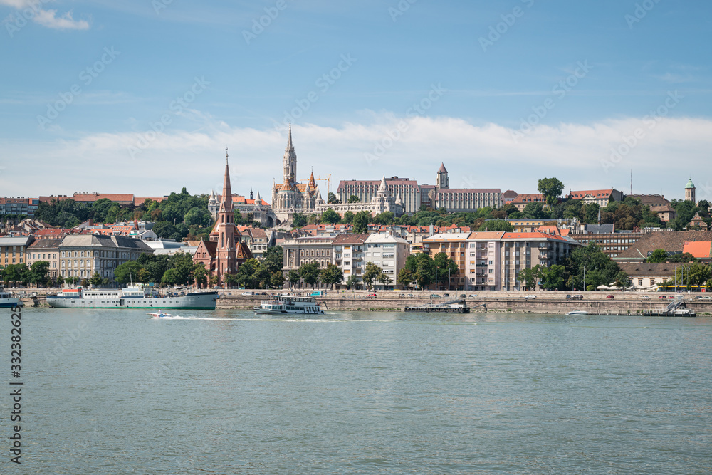 The Fishermen's Bastion and Matthias Church on Buda Castle Hill overlooking the River Danube in Budapest. UNESCO World Heritage site.