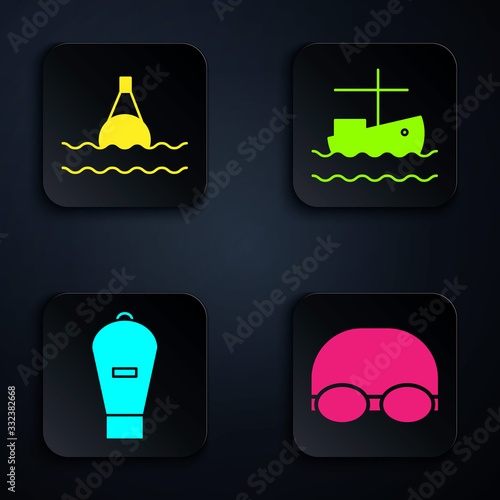 Set Glasses and cap for swimming, Floating buoy on the sea, Lift bag and Fishing boat on water. Black square button. Vector