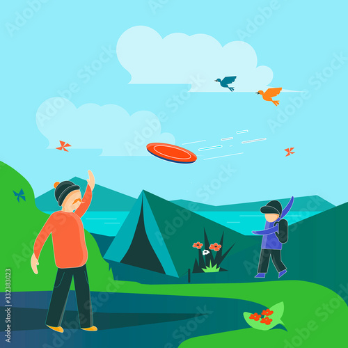 Dad and son play frisbee. Cartoon vector illustration