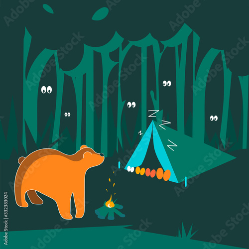 Family night piknic in forest. Cartoon vector illustration photo