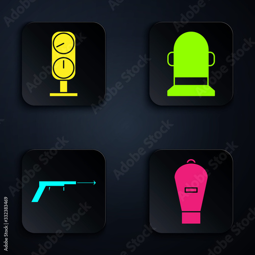 Set Lift bag, Gauge scale, Fishing harpoon and Buoy. Black square button. Vector