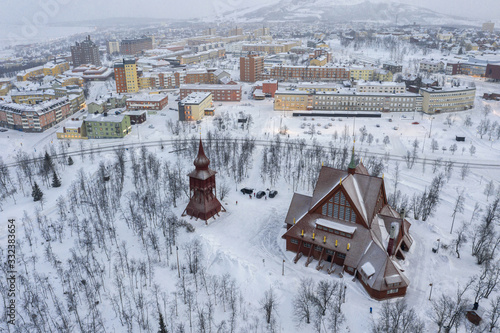 Quadro su tela Sweden Kiruna bird view of Wooden church