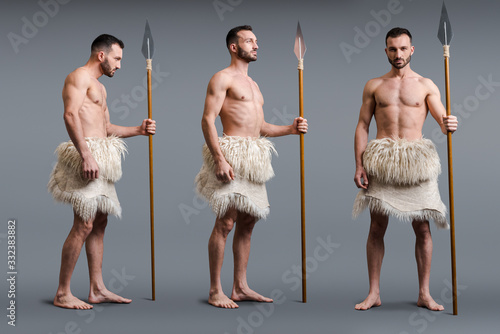 фотографія collage of muscular caveman with spear on grey, evolution concept