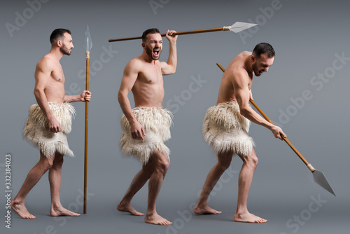 Photos collage of shirtless caveman with spear on grey, evolution concept