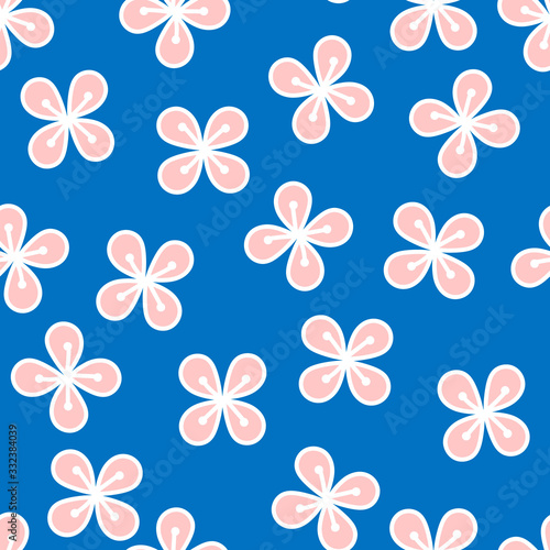 Seamless pattern with Small pink flowers on a blue background. Vector repeating floral pattern for fabric and other surfaces