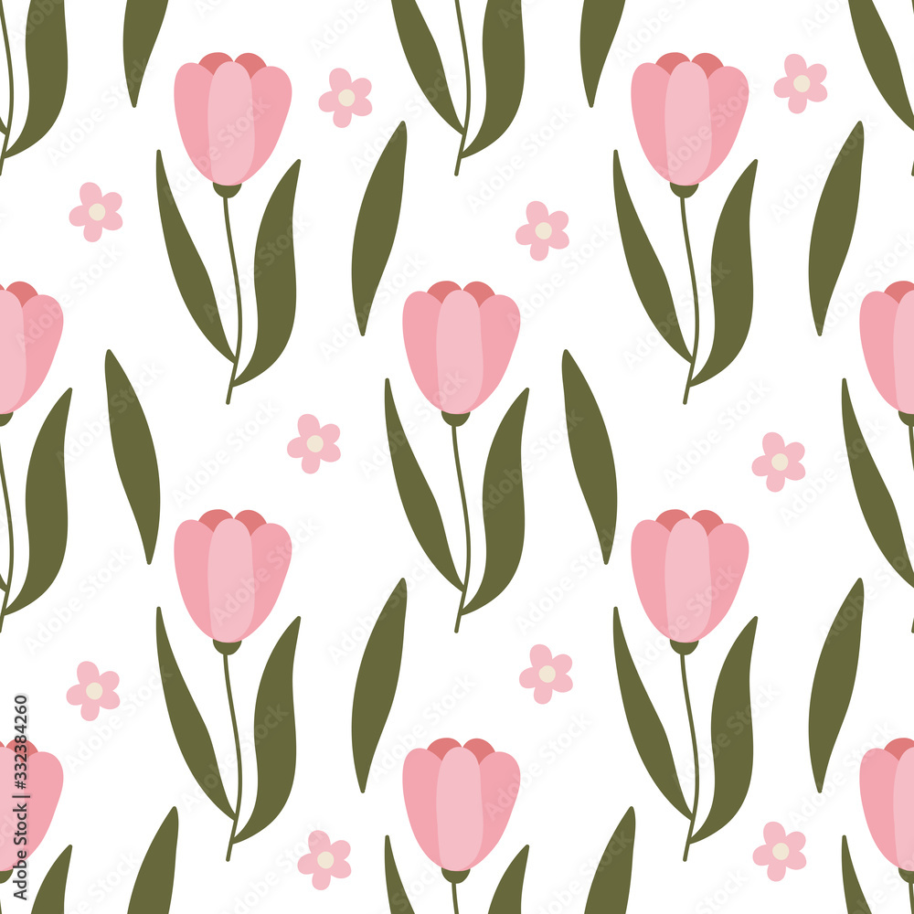 Tulips hand drawn seamless pattern. Spring, fresh flowers drawing. Backdrop with tulips. Botanical wrapping paper, textile, vector illustration . Tulips hand drawn seamless pattern. Spring, fresh flowers drawing. Backdrop with tulips. Botanical wrapping paper, textile, vector illustration .