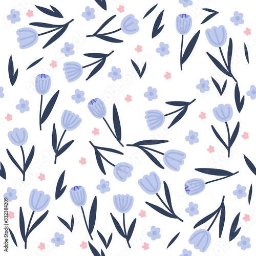 Tulips hand drawn seamless pattern. Spring, fresh flowers drawing. Backdrop with tulips. Botanical wrapping paper, textile, vector illustration .