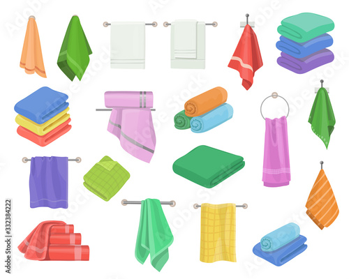 Bath shower towels in stack set. Kitchen towel hanging on ring, textile rolls for spa. Cartoon vector hygien bathroom objects