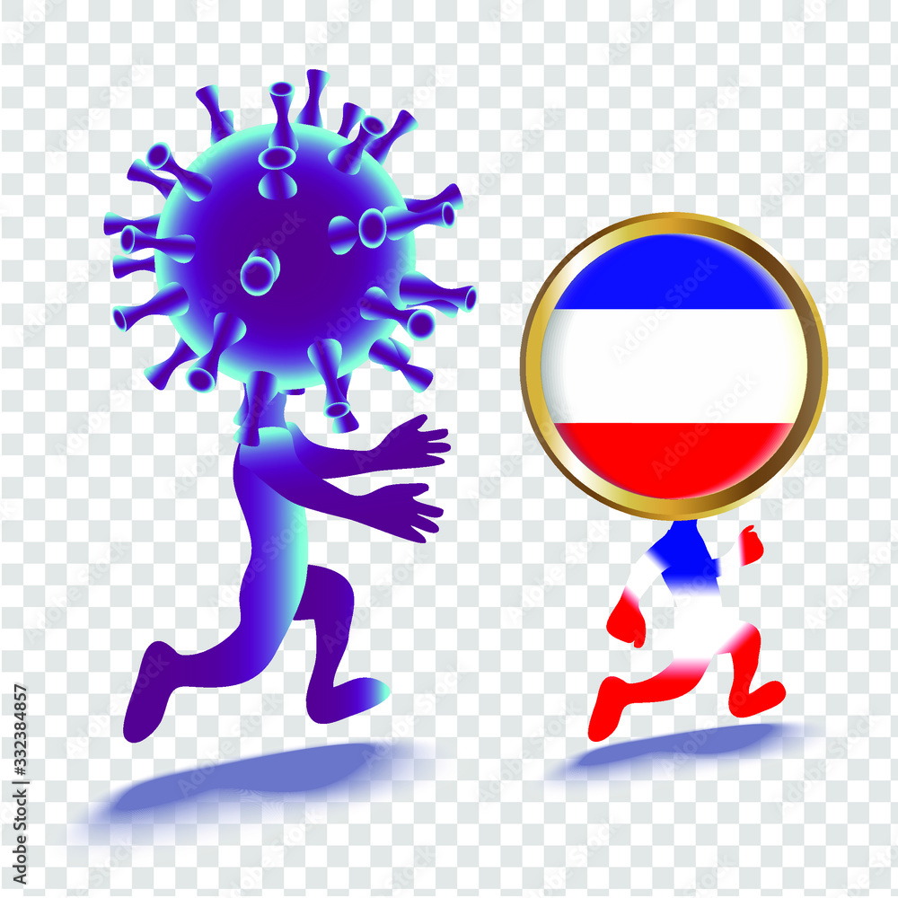  Coronovirus bacterium and the flag of Russia in the image of cartoon people.
