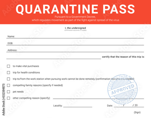 Personal admission form during the quarantine restriction measures.