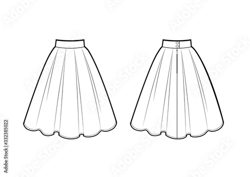 Black and white drawing of pleated skirt, vector illustration isolated on white background.