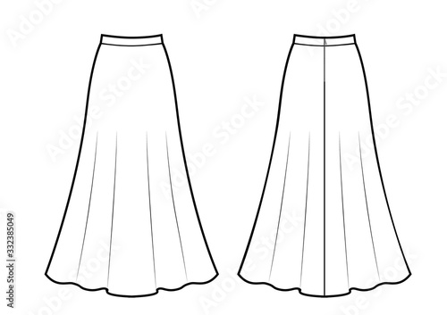 Black and white drawing of maxi skirt, vector illustration isolated on white background.