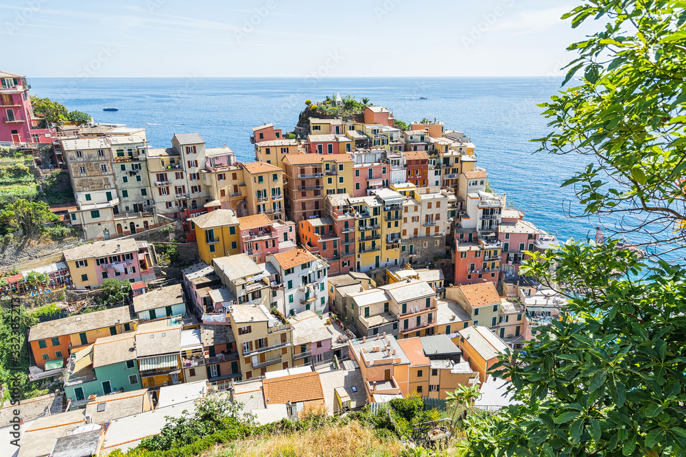 Colorful houses in Manarola Village, Cinque Terre Coast of Italy. Manarola is a beautiful small town in the province of La Spezia, Liguria.