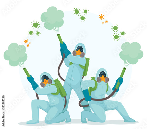 People in hazmat suits and protective masks standing in superheroes pose and spraying disinfecting gas to kill viruses.