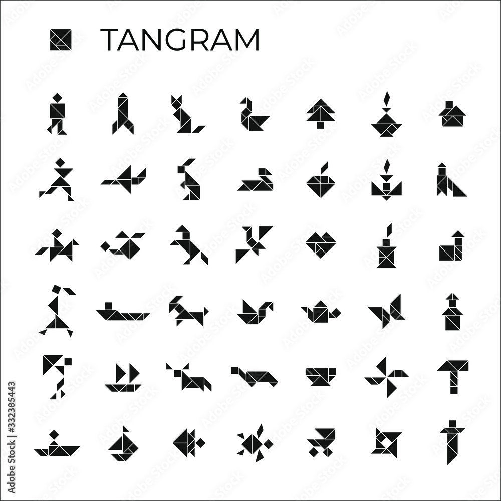 Vector set of tangrams consisting of 42 illustrations. Isolated icons on a white background. Tangram children brain game cutting transformation puzzle vector set. Vector set of tangrams consisting of 42 illustrations. Isolated icons on a white background. Tangram children brain game cutting transformation puzzle vector set.