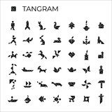 Vector set of tangrams consisting of 42 illustrations. Isolated icons on a white background. Tangram children brain game cutting transformation puzzle vector set.